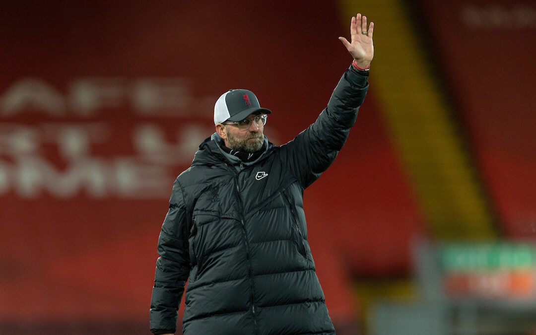 Liverpool manager Jurgen Klopp waves to the supporters Anfield.