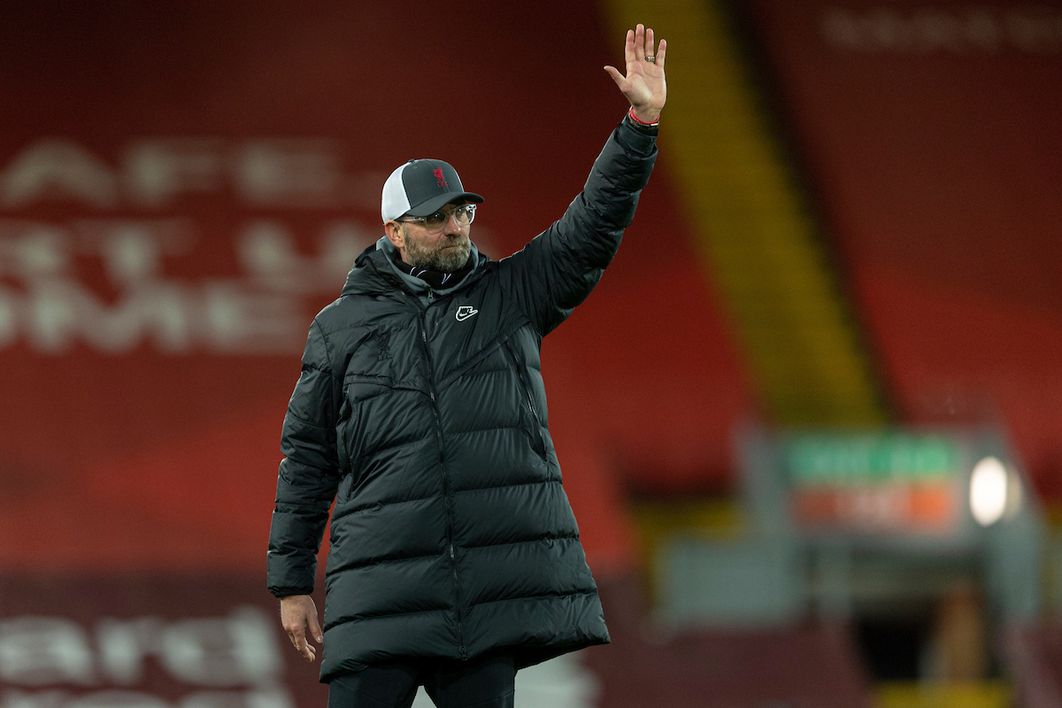 Liverpool's manager Jürgen Klopp waves to the supporters after the FA Premier League match between Liverpool FC and West Bromwich Albion FC at Anfield