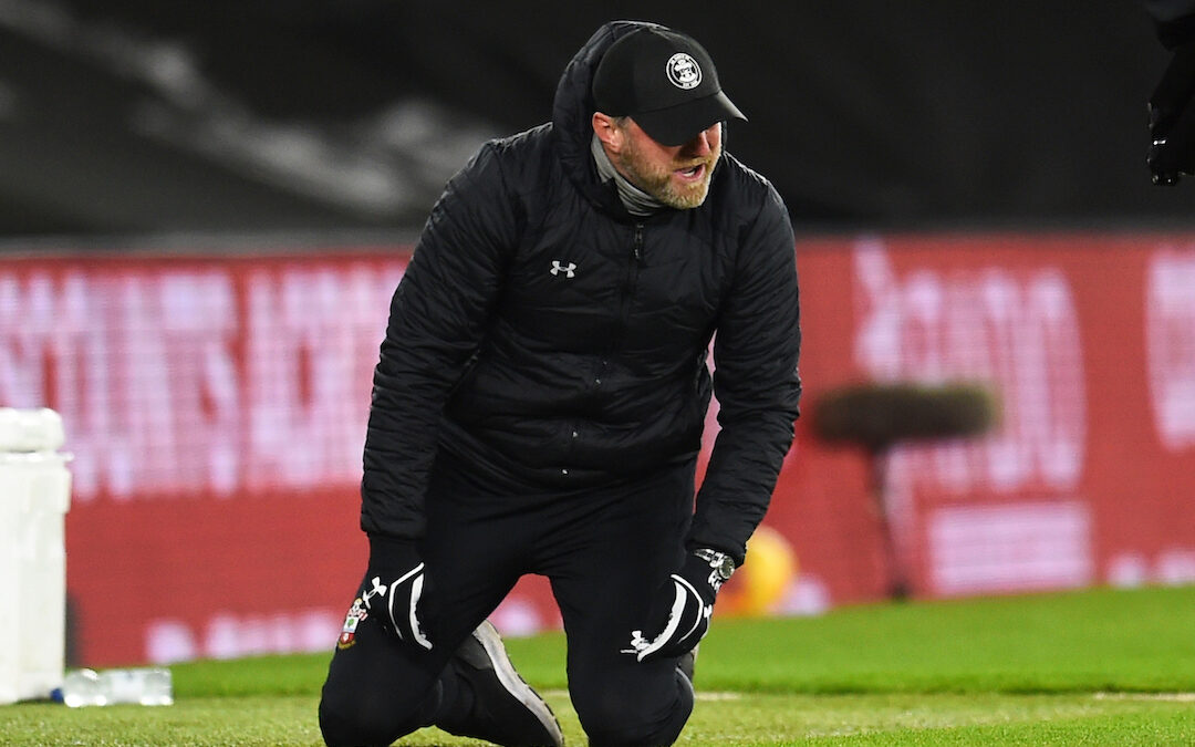 Southampton's manager Ralph Hasenhüttl collapses onto his knees in tears after beaing Liverpool 1-0 during the FA Premier League match between Southampton FC and Liverpool FC at St Mary's Stadium