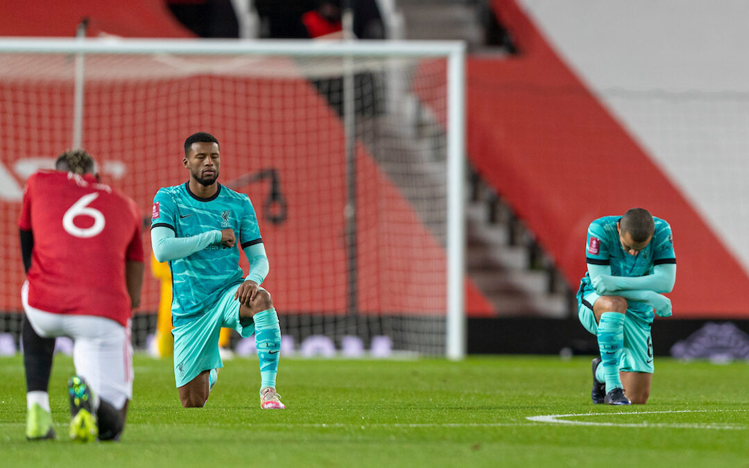 Liverpool's Thiago Alcantara kneels down (takes a knee) in support of the Black Lives Matter movement before the FA Cup 4th Round match between Manchester United FC and Liverpool FC at Old Trafford