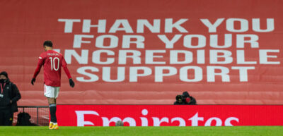 Manchester United's Marcus Rashford walks off after being substituted during the FA Cup 4th Round match between Manchester United FC and Liverpool FC at Old Trafford