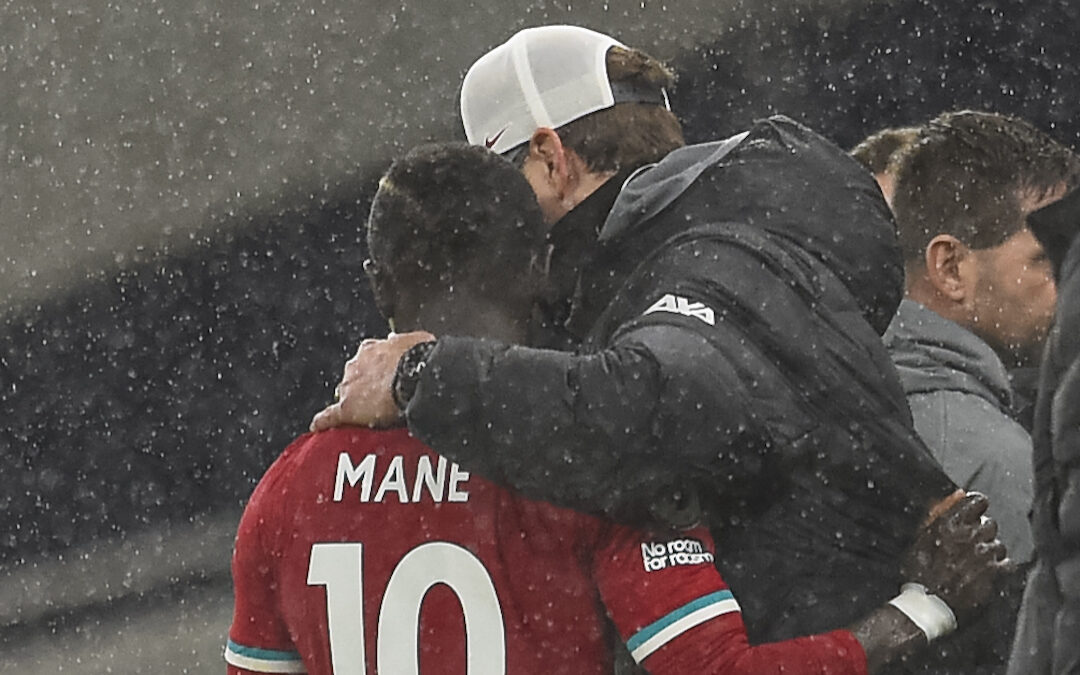 Liverpool's manager Jürgen Klopp embraces Sadio Mané after the FA Premier League match between Tottenham Hotspur FC and Liverpool FC at the Tottenham Hotspur Stadium