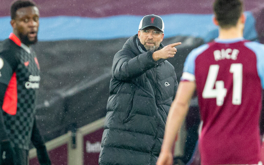 Liverpool's manager Jürgen Klopp during the FA Premier League match between West Ham United FC and Liverpool FC at the London Stadium