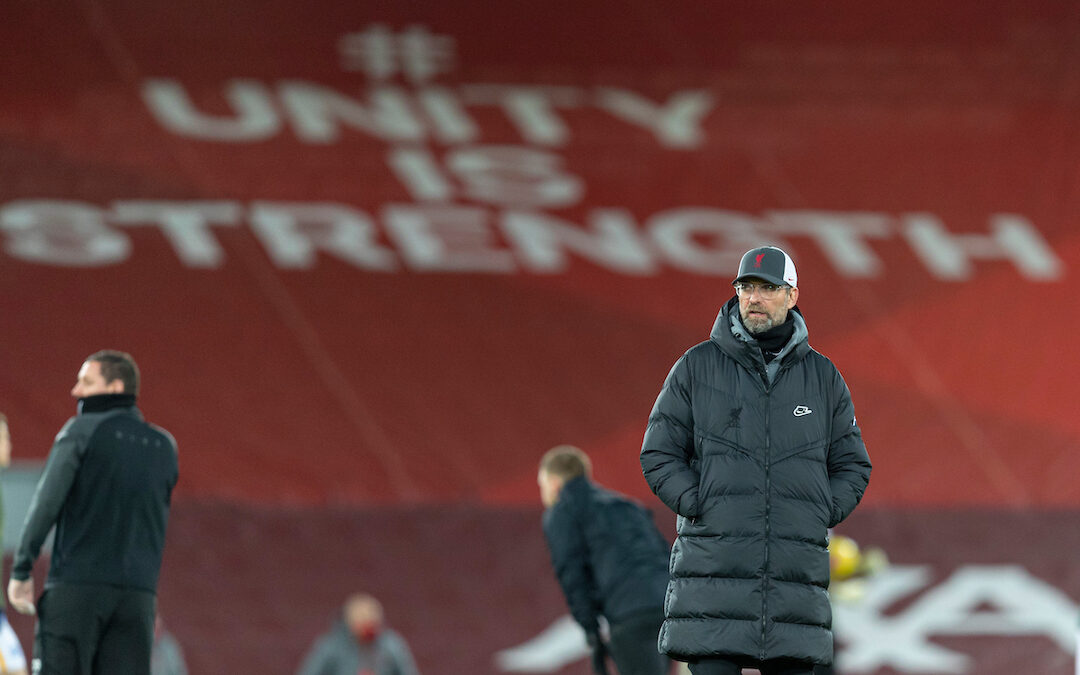 Liverpool's manager Jürgen Klopp during the pre-match warm-up before the FA Premier League match between Liverpool FC and Brighton & Hove Albion FC at Anfield