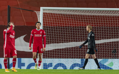 Liverpool's goalkeeper Caoimhin Kelleher looks dejected as Brighton & Hove Albion score the only goal of the game during the FA Premier League match between Liverpool FC and Brighton & Hove Albion FC at Anfield