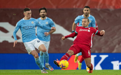 Liverpool's Thiago Alcantara (R) and Manchester City's Phil Foden during the FA Premier League match between Liverpool FC and Manchester City FC at Anfield