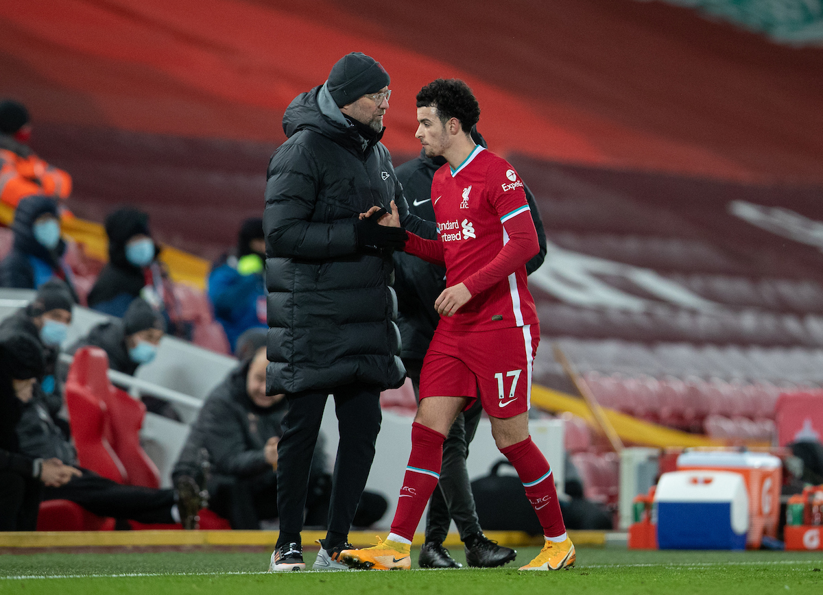 Liverpool's manager Jürgen Klopp substitutes Curtis Jones during the FA Premier League match between Liverpool FC and Manchester City FC at Anfield