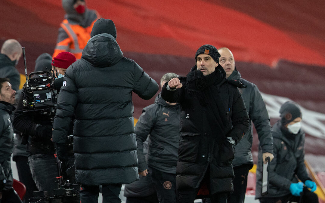 Liverpool's manager Jürgen Klopp and Manchester City's manager Josep 'Pep' Guardiola after the FA Premier League match between Liverpool FC and Manchester City FC at Anfield