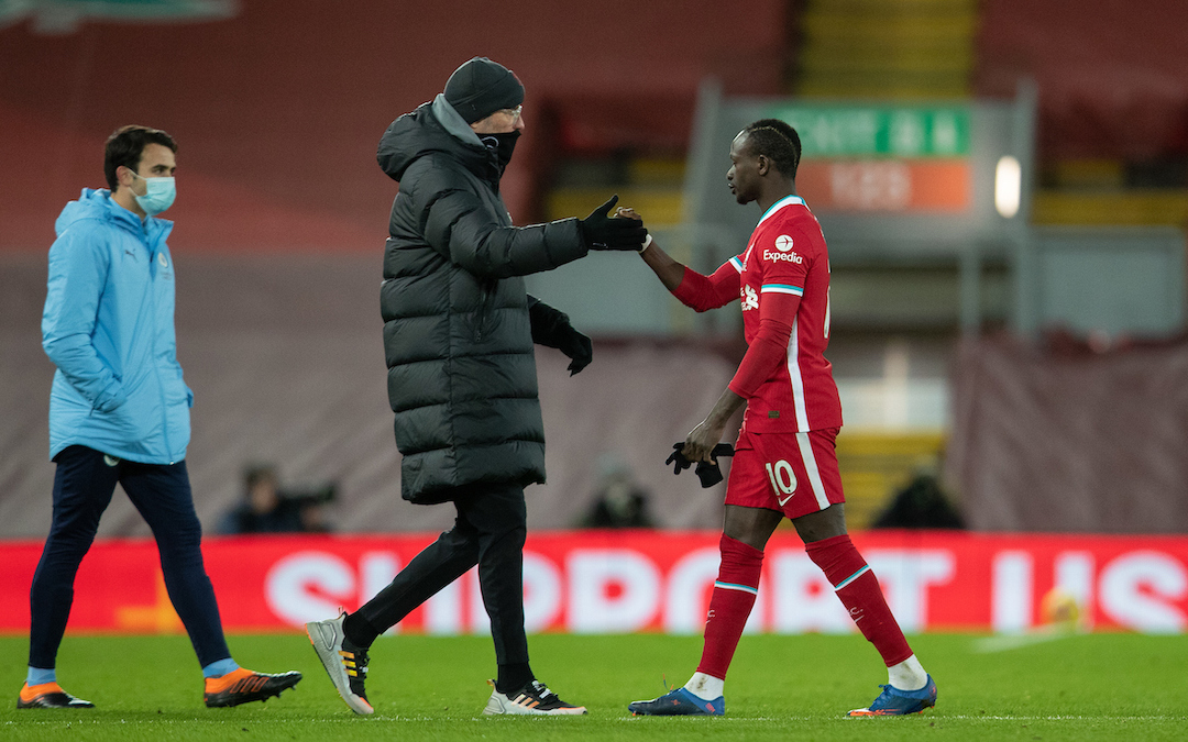 Liverpool's manager Jürgen Klopp and Sadio Mané after the FA Premier League match between Liverpool FC and Manchester City FC at Anfield
