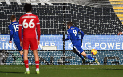 Leicester City's Jamie Vardy celebrates after scoring the second goal during the FA Premier League match between Leicester City FC and Liverpool FC at the King Power Stadium