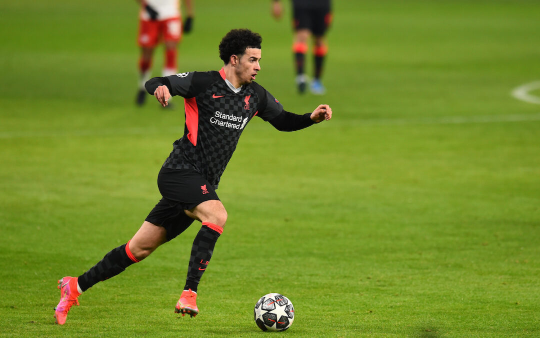 Liverpool's Curtis Jones during the UEFA Champions League Round of 16 1st Leg game between RB Leipzig and Liverpool FC at the Puskás Aréna