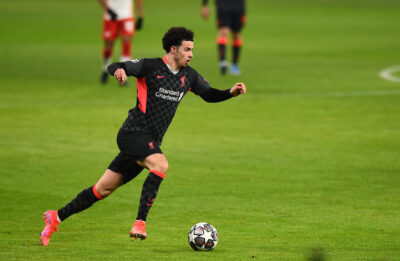 Liverpool's Curtis Jones during the UEFA Champions League Round of 16 1st Leg game between RB Leipzig and Liverpool FC at the Puskás Aréna