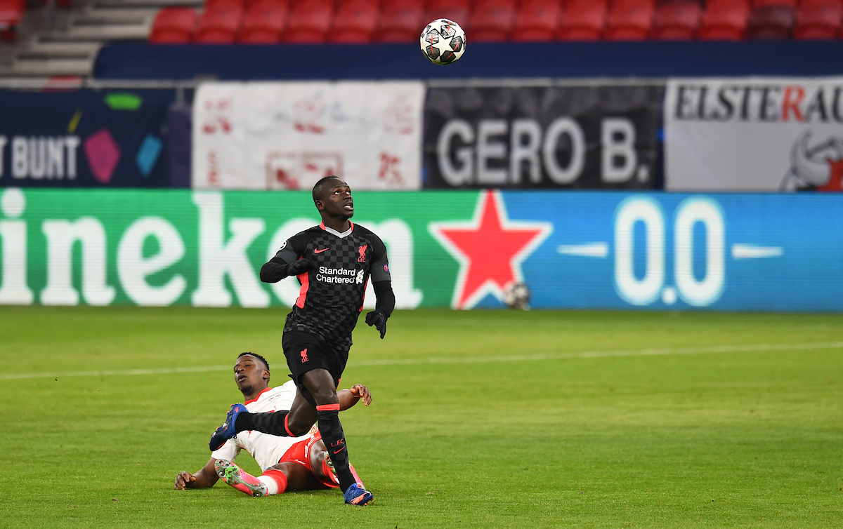 Liverpool's Sadio Mané runs through to score the second goal during the UEFA Champions League Round of 16 1st Leg game between RB Leipzig and Liverpool FC at the Puskás Aréna