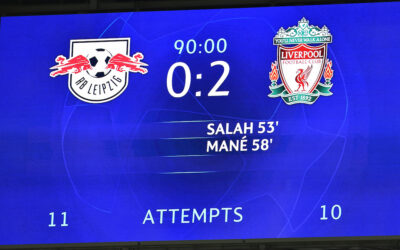 The scoreboard records Liverpool's 2-0 away victory during the UEFA Champions League Round of 16 1st Leg game between RB Leipzig and Liverpool FC at the Puskás Aréna