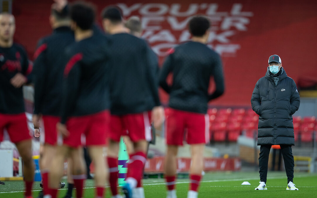 Liverpool's manager Jürgen Klopp during the pre-match warm-up before the FA Premier League match between Liverpool FC and Everton FC, the 238th Merseyside Derby, at Anfield