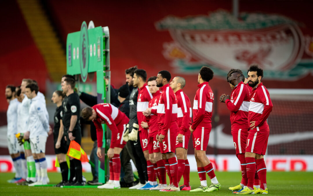 Liverpool's Mohamed Salah and team-mates line-up before the FA Premier League match between Liverpool FC and Everton FC, the 238th Merseyside Derby, at Anfield