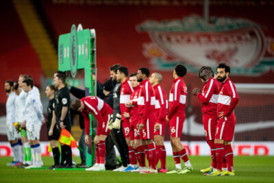 Liverpool's Mohamed Salah and team-mates line-up before the FA Premier League match between Liverpool FC and Everton FC, the 238th Merseyside Derby, at Anfield