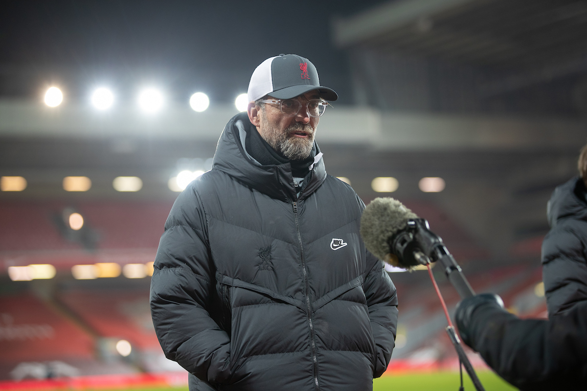 Liverpool's manager Jürgen Klopp gives an interview to radio station Talk Sport after the FA Premier League match between Liverpool FC and Everton FC, the 238th Merseyside Derby, at Anfield