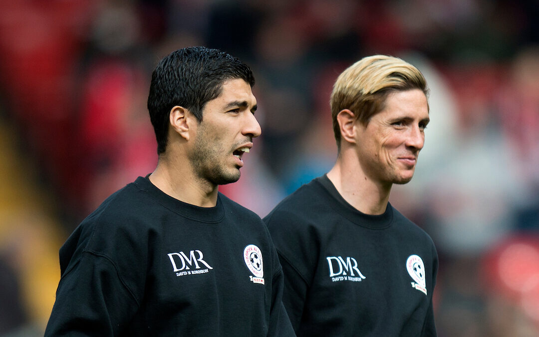 Luis Suarez and Fernando Torres warm up prior to the Liverpool All Star Charity match at Anfield