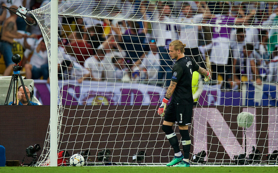 Liverpool's goalkeeper Loris Karius looks dejected after gifting Real Madrid the opening goal during the UEFA Champions League Final match between Real Madrid CF and Liverpool FC at the NSC Olimpiyskiy