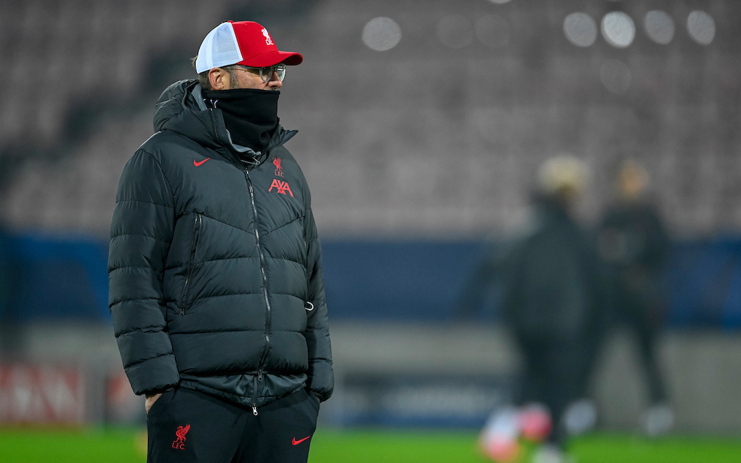 Liverpool's manager Jürgen Klopp during the pre-match warm-up before the UEFA Champions League Group D match between FC Midtjylland and Liverpool FC at the Herning Arena