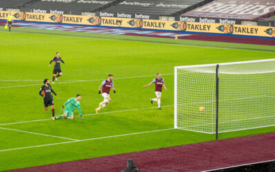 Liverpool's Mohamed Salah scores the second goal during the FA Premier League match between West Ham United FC and Liverpool FC at the London Stadium