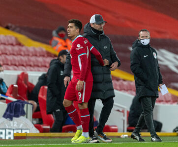 Liverpool's Roberto Firmino and manager Jürgen Klopp during the FA Premier League match between Liverpool FC and Brighton & Hove Albion FC at Anfield