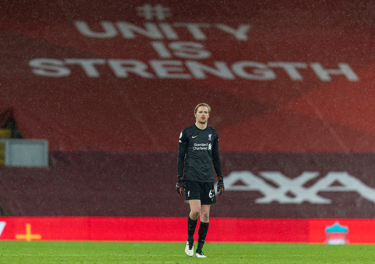 Liverpool's goalkeeper Caoimhin Kelleher at the final whistle during the FA Premier League match between Liverpool FC and Brighton & Hove Albion FC at Anfield