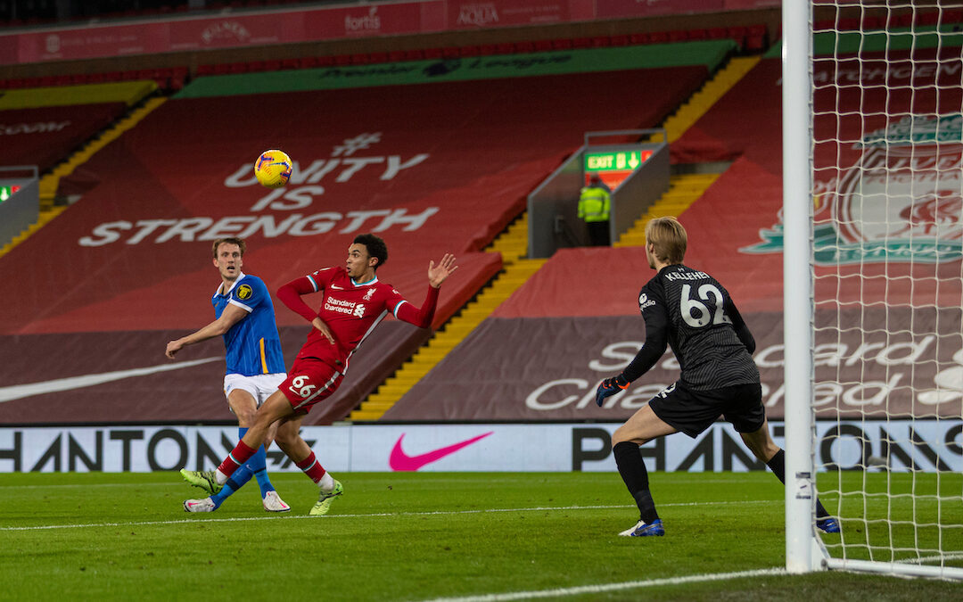 Brighton & Hove Albion's Dan Burn shoots over the bar during the FA Premier League match between Liverpool FC and Brighton & Hove Albion FC at Anfield