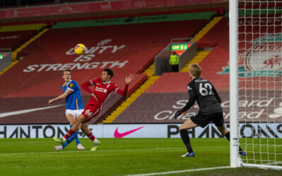 Brighton & Hove Albion's Dan Burn shoots over the bar during the FA Premier League match between Liverpool FC and Brighton & Hove Albion FC at Anfield