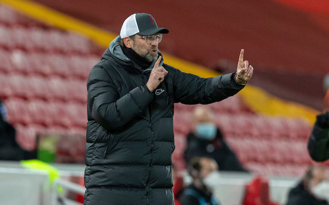 Liverpool's manager Jürgen Klopp during the FA Premier League match between Liverpool FC and Brighton & Hove Albion FC at Anfield