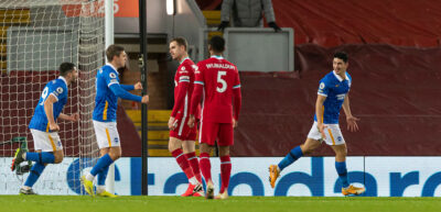 Brighton & Hove Albion's Steven Alzate celebrates after scoring the first goal during the FA Premier League match between Liverpool FC and Brighton & Hove Albion FC at Anfield