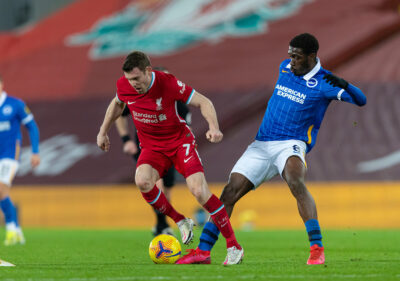 Liverpool's James Milner (L) and Brighton & Hove Albion's Yves Bissouma during the FA Premier League match between Liverpool FC and Brighton & Hove Albion FC at Anfield