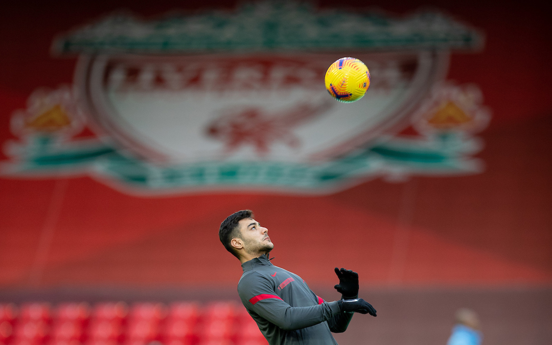 Liverpool's Ozan Kabak during the pre-match warm-up before the FA Premier League match between Liverpool FC and Manchester City FC at Anfield