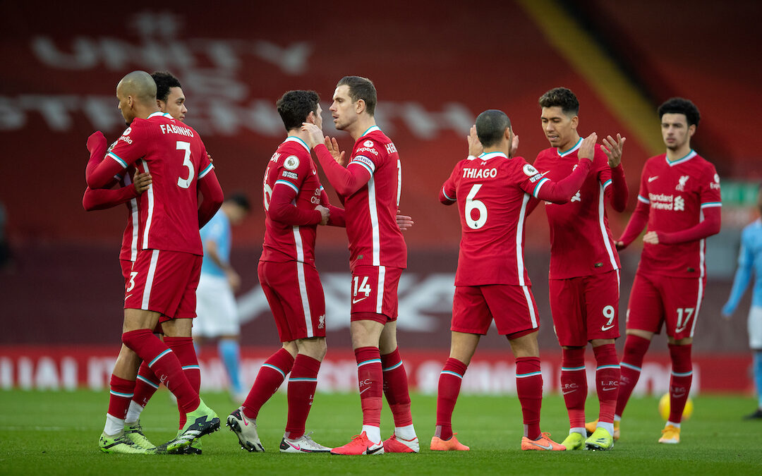 Liverpool's captain Jordan Henderson and team-mates before the FA Premier League match between Liverpool FC and Manchester City FC at Anfield