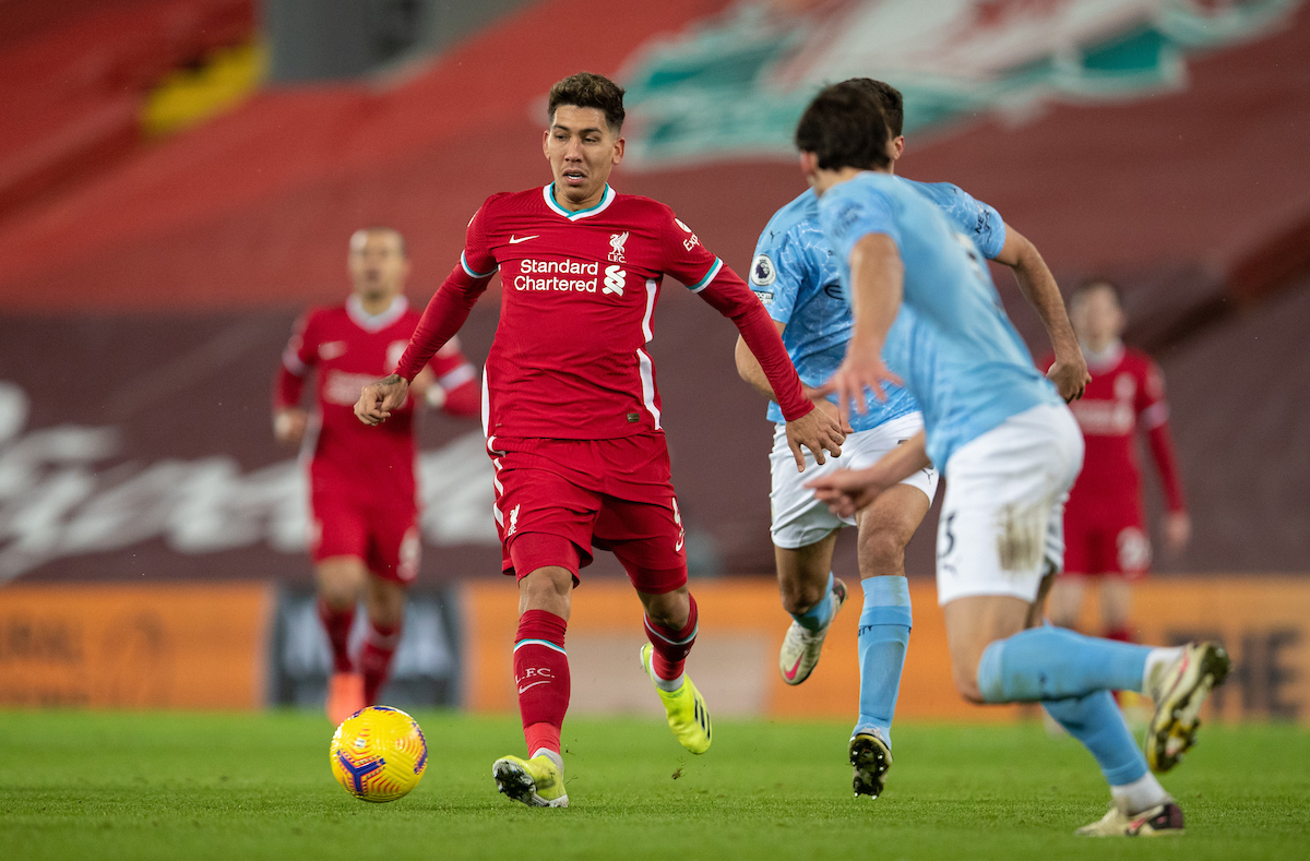 Liverpool's Roberto Firmino during the FA Premier League match between Liverpool FC and Manchester City FC at Anfield