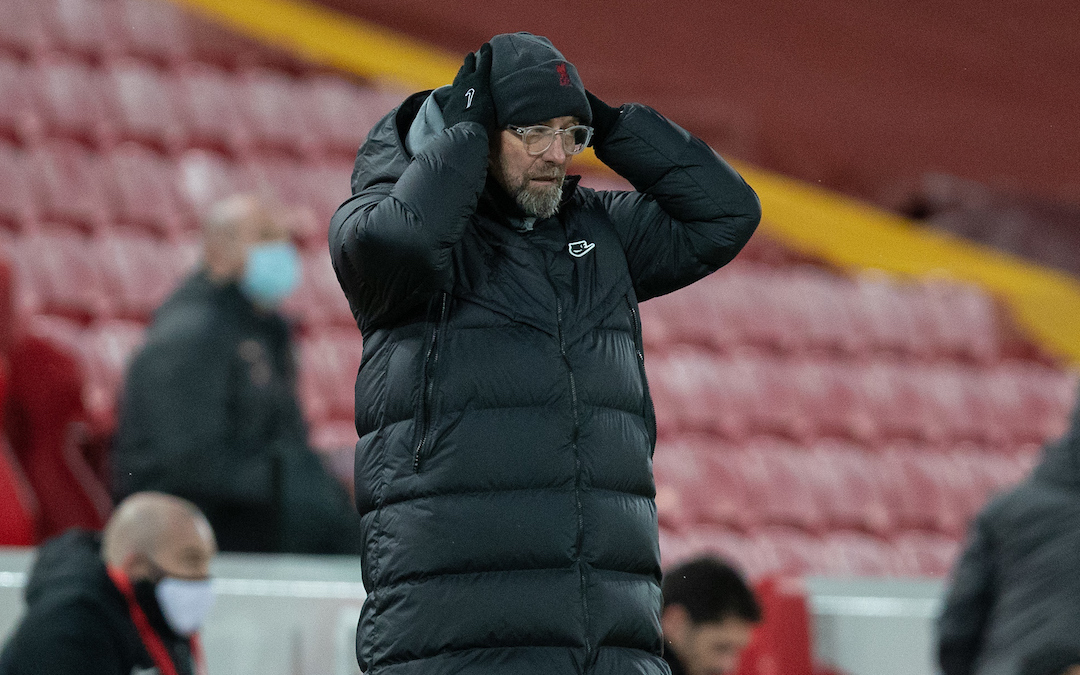 Liverpool's manager Jürgen Klopp reacts during the FA Premier League match between Liverpool FC and Manchester City FC at Anfield