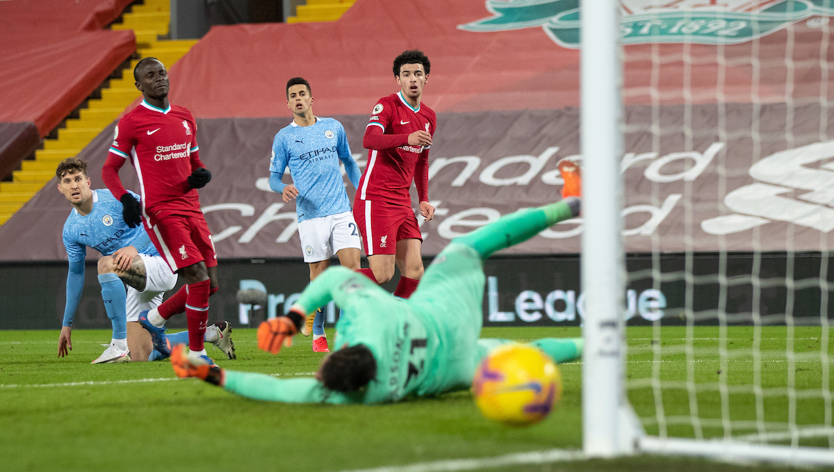 Liverpool's Curtis Jones sees his shot go wide during the FA Premier League match between Liverpool FC and Manchester City FC at Anfield