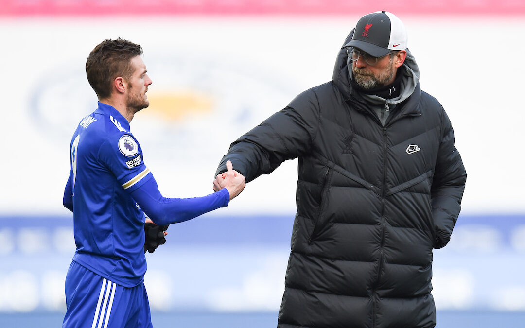 Liverpool's manager Jürgen Klopp and Leicester City's Jamie Vardy after the FA Premier League match between Leicester City FC and Liverpool FC at the King Power Stadium. Leicester City won 3-1.