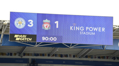 The scoreboard records Liverpool's third successive league defeat during the FA Premier League match between Leicester City FC and Liverpool FC at the King Power Stadium