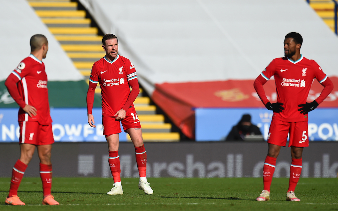 Liverpool's captain Jordan Henderson looks dejected after Leicester City score the third goal during the FA Premier League match between Leicester City FC and Liverpool FC at the King Power Stadium. Leicester City won 3-1.