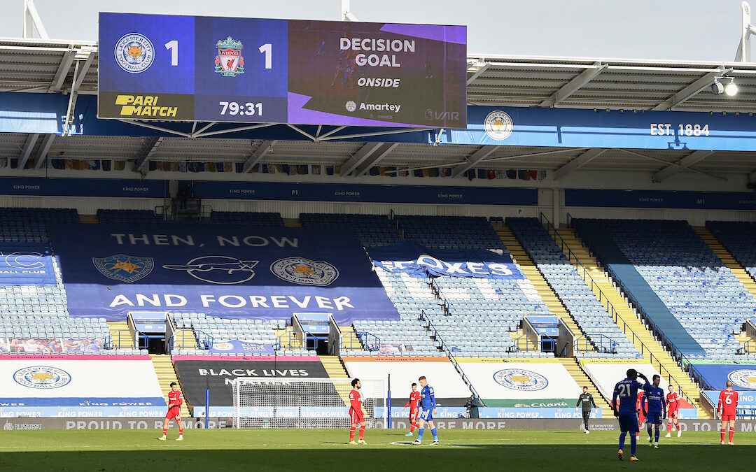 VAR upholds Leicester City's opening goal during the FA Premier League match between Leicester City FC and Liverpool FC at the King Power Stadium. Leicester City won 3-1.