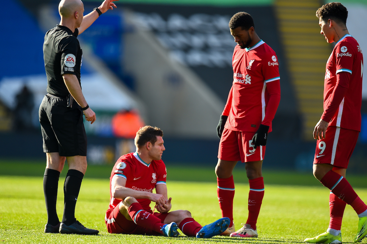 Liverpool's James Milner goes down injured during the FA Premier League match between Leicester City FC and Liverpool FC at the King Power Stadium