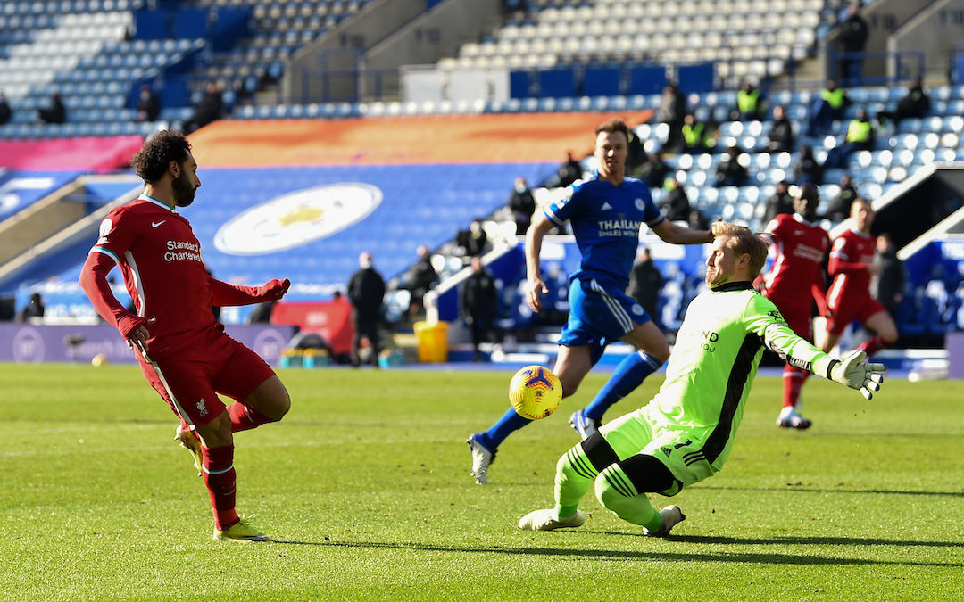 Liverpool's Mohamed Salah sees his shot saved by Leicester City's goalkeeper Kasper Schmeichel during the FA Premier League match between Leicester City FC and Liverpool FC at the King Power Stadium