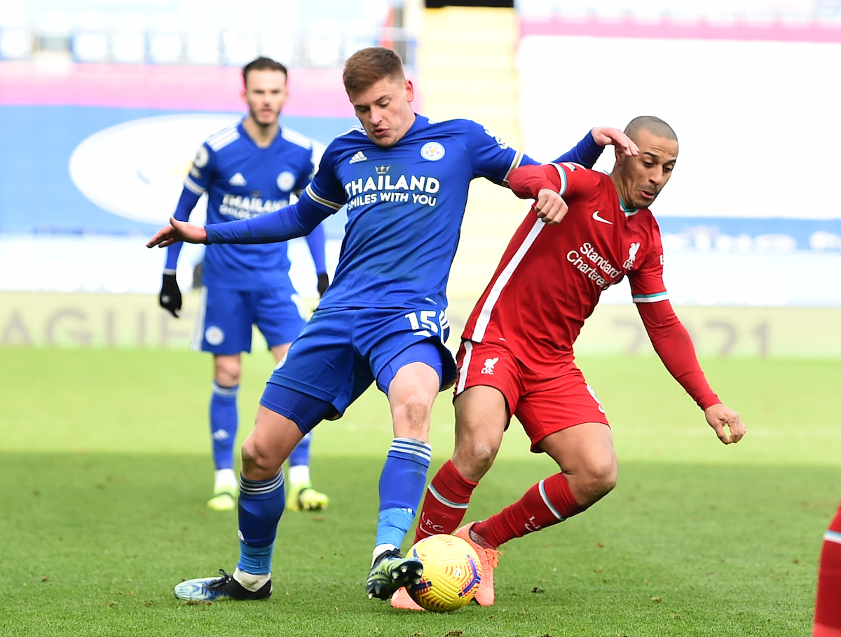 Liverpool's Thiago Alcantara (R) and Leicester City's Harvey Barnes during the FA Premier League match between Leicester City FC and Liverpool FC at the King Power Stadium