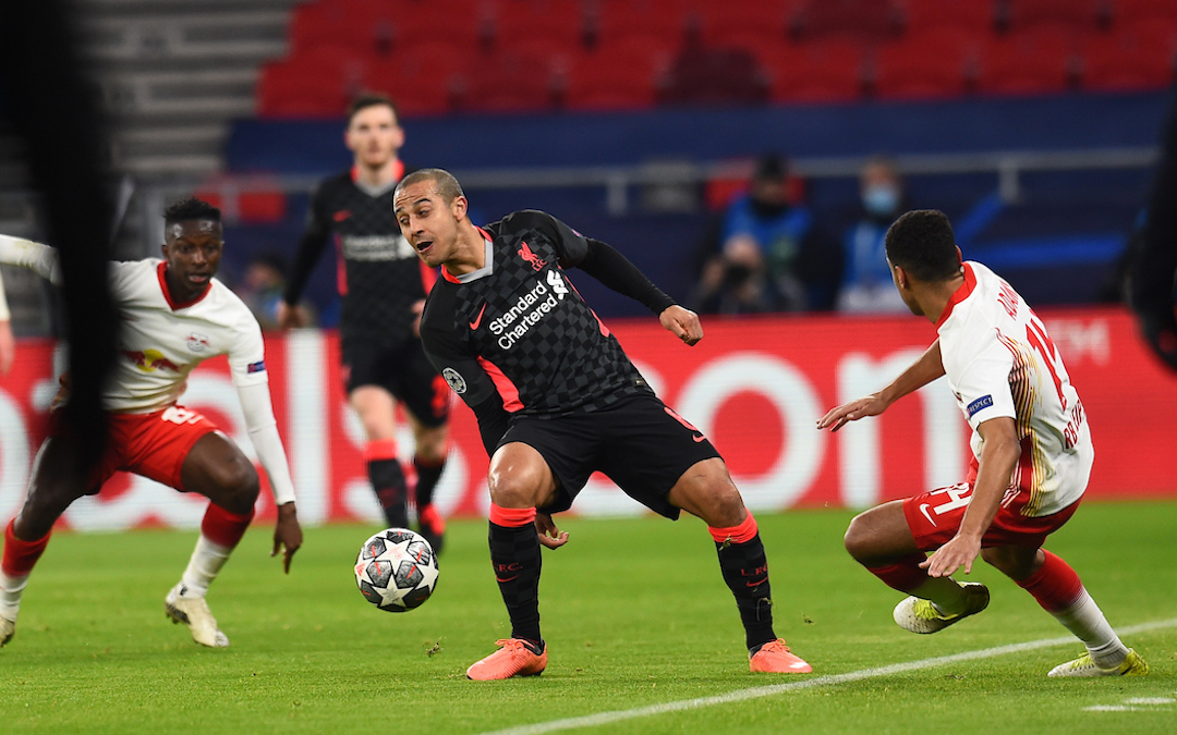 Liverpool's Thiago Alcantara during the UEFA Champions League Round of 16 1st Leg game between RB Leipzig and Liverpool FC at the Puskás Aréna
