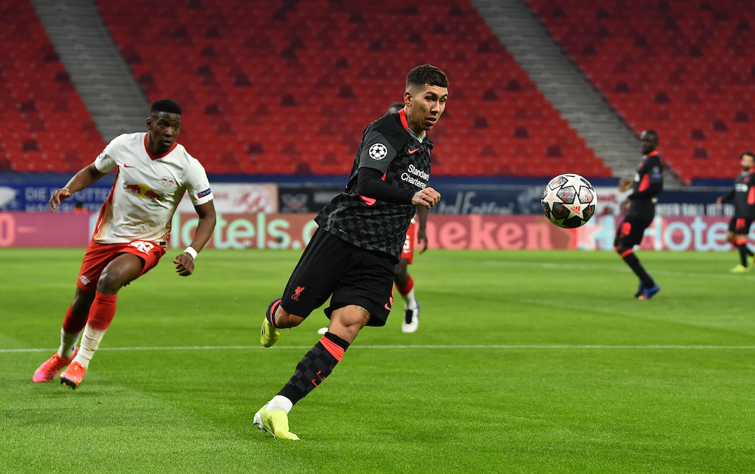 Liverpool's Roberto Firmino during the UEFA Champions League Round of 16 1st Leg game between RB Leipzig and Liverpool FC at the Puskás Aréna