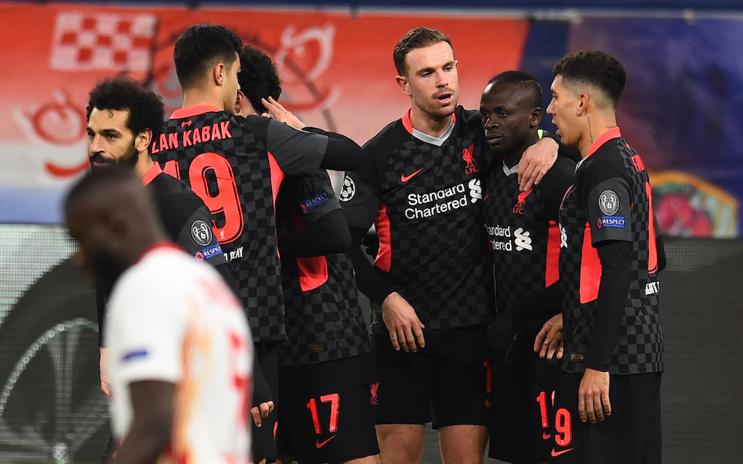 Liverpool's Sadio Mané celebrates with team-mates after scoring the second goal during the UEFA Champions League Round of 16 1st Leg game between RB Leipzig and Liverpool FC at the Puskás Aréna