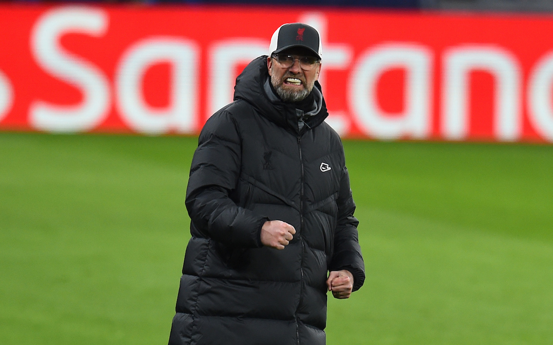 Liverpool's manager Jürgen Klopp reacts during the UEFA Champions League Round of 16 1st Leg game between RB Leipzig and Liverpool FC at the Puskás Aréna