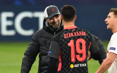 Liverpool's manager Jürgen Klopp and Ozan Kabak after the UEFA Champions League Round of 16 1st Leg game between RB Leipzig and Liverpool FC at the Puskás Aréna